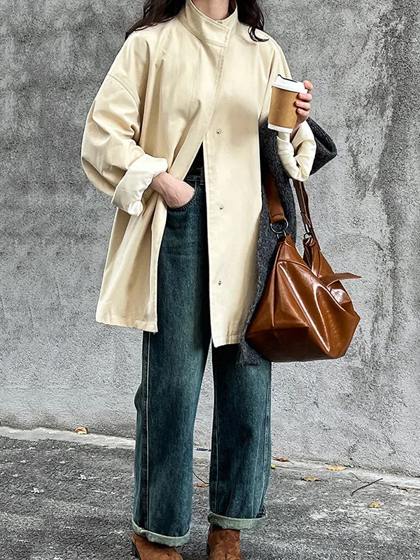 Pockets Solid Color Long Sleeves Loose Stand Collar Trench Coats Outerwear