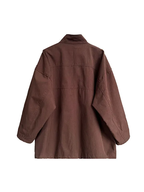 Pockets Solid Color Long Sleeves Loose Stand Collar Trench Coats Outerwear