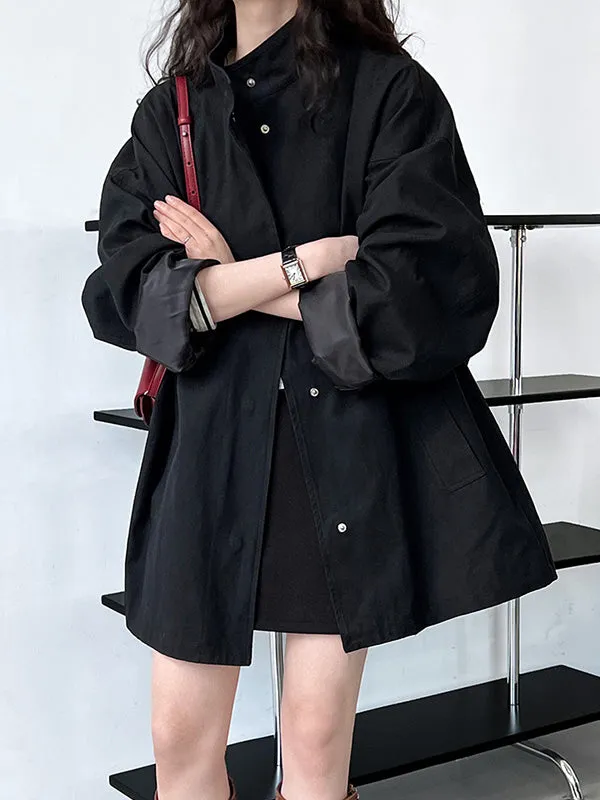 Pockets Solid Color Long Sleeves Loose Stand Collar Trench Coats Outerwear