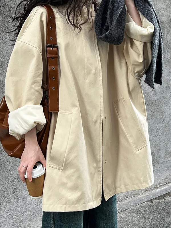 Pockets Solid Color Long Sleeves Loose Stand Collar Trench Coats Outerwear