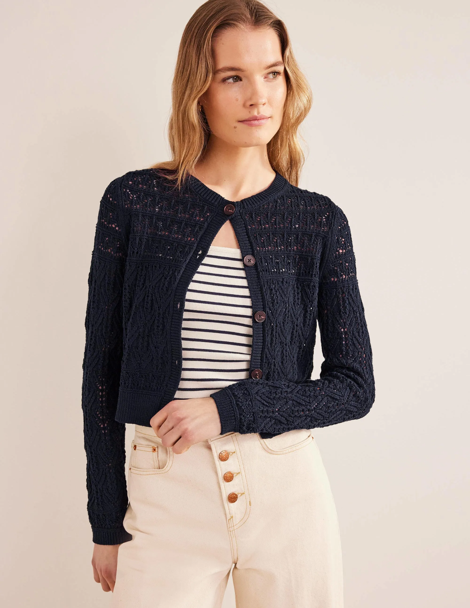 Pointelle Cotton Cardigan-Navy