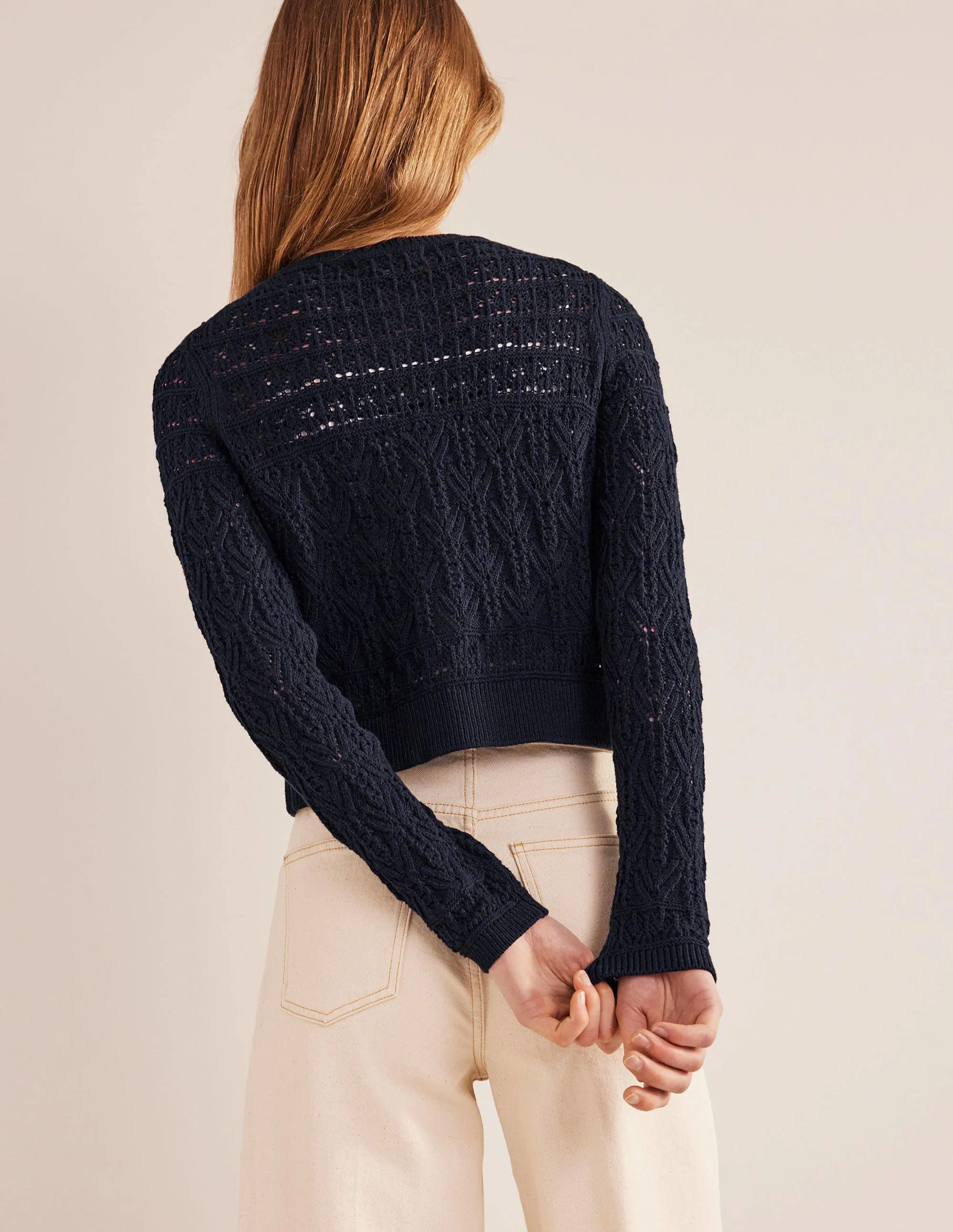 Pointelle Cotton Cardigan-Navy