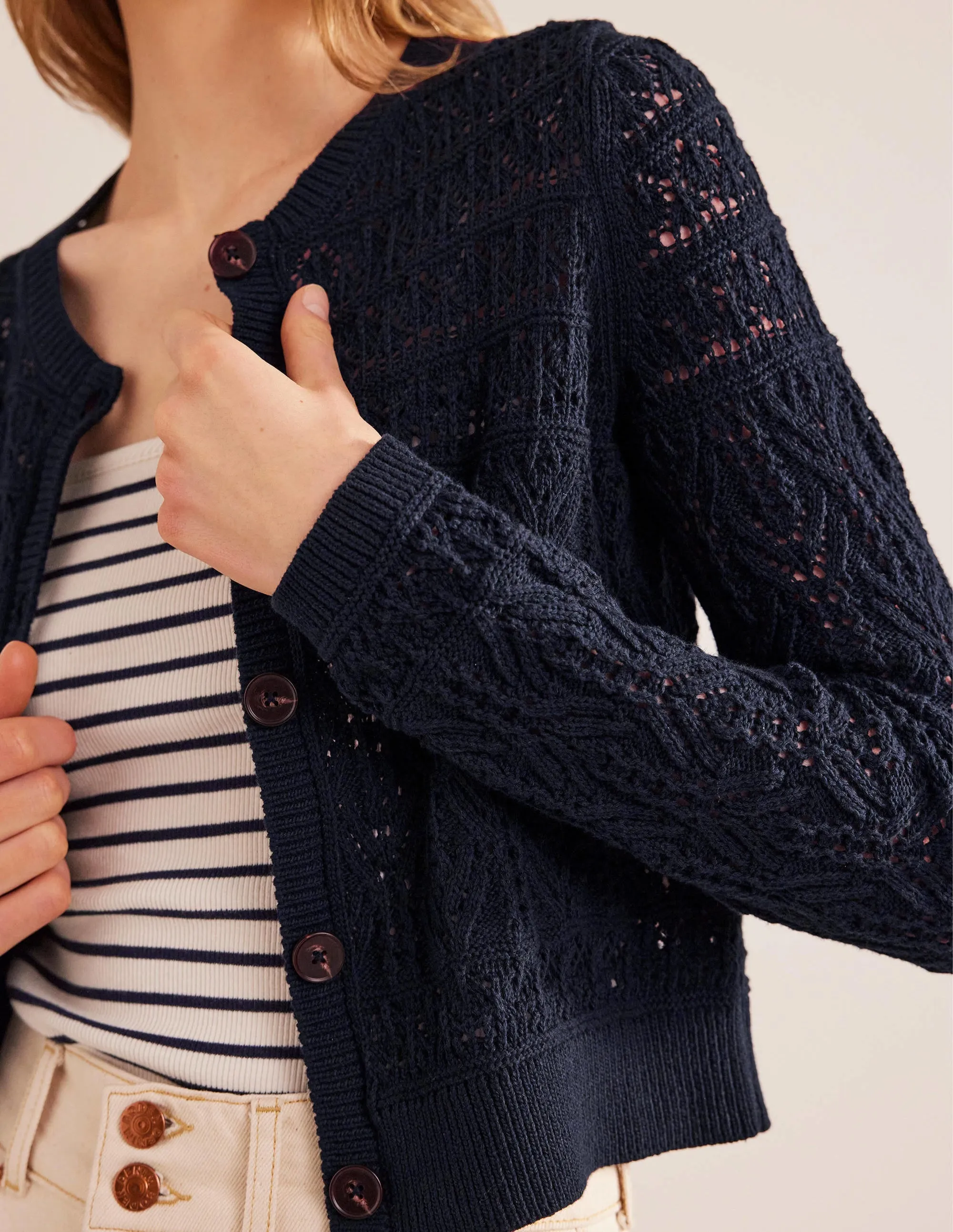 Pointelle Cotton Cardigan-Navy