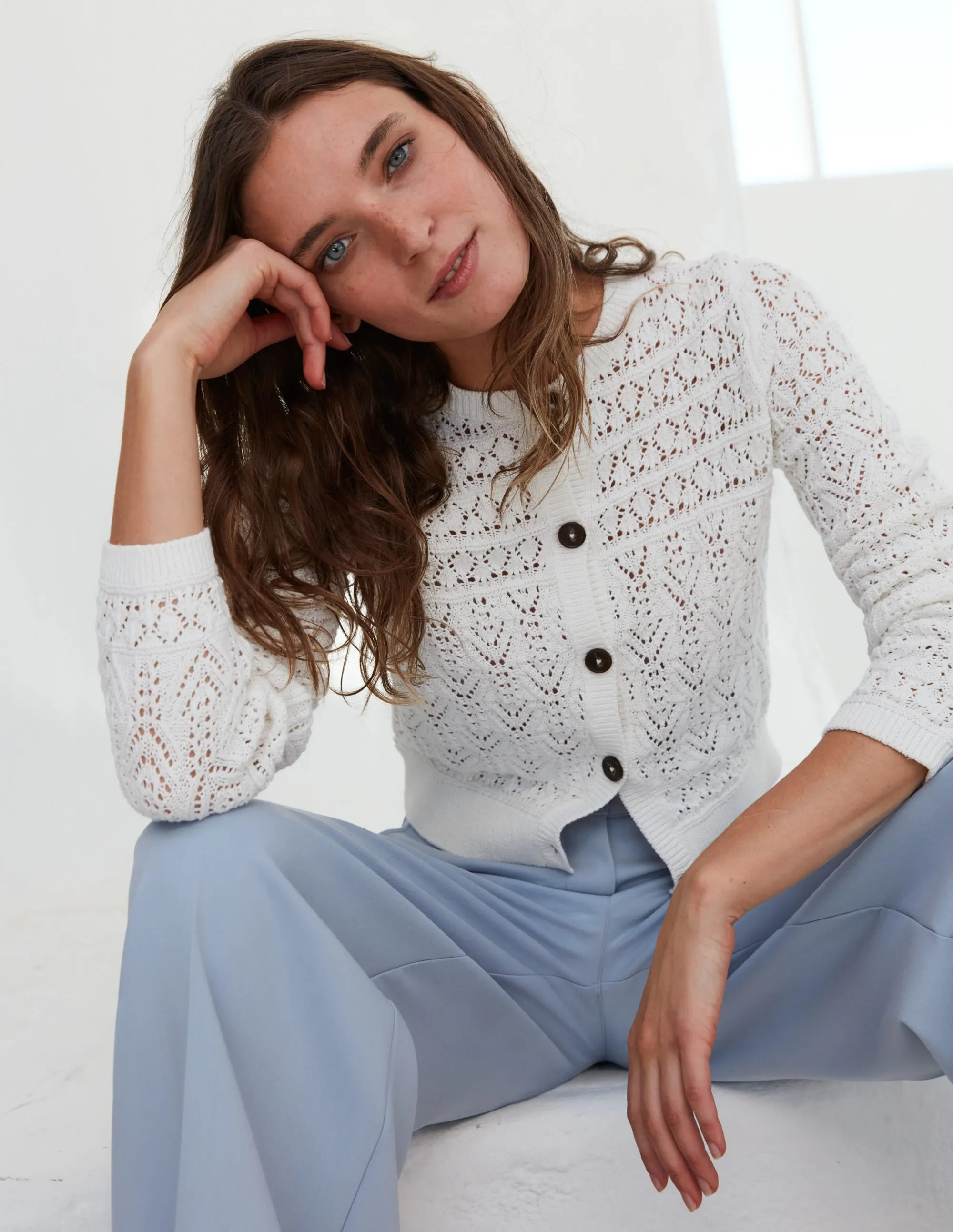 Pointelle Cotton Cardigan-Warm Ivory