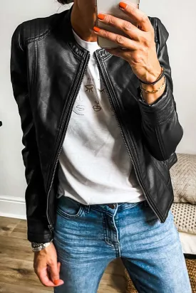 Sleek black faux leather bomber jacket