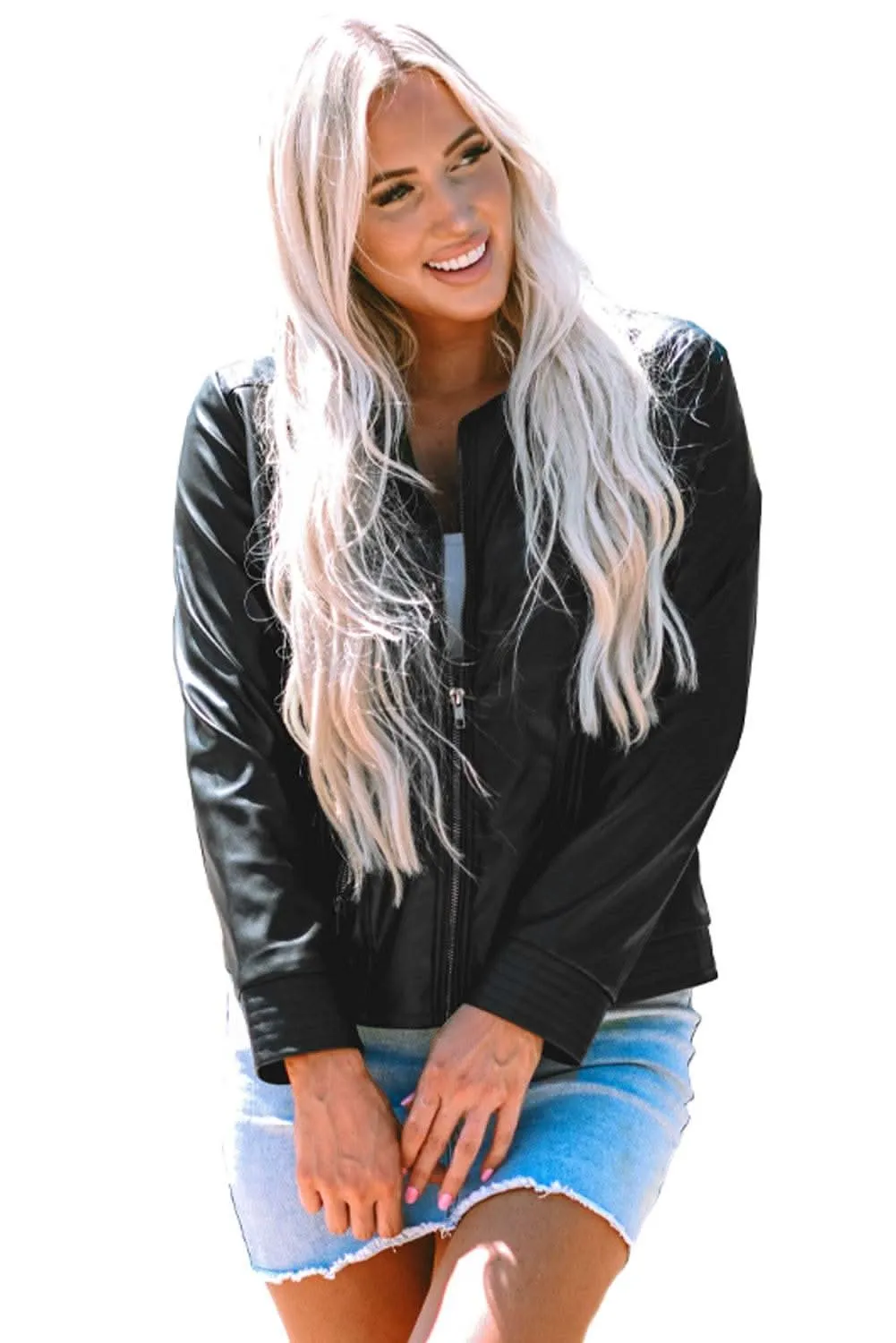 Sleek black faux leather bomber jacket