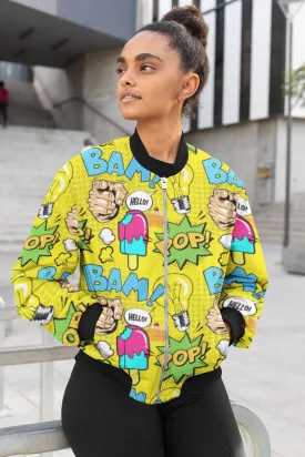 Sunshine Pop: All-Over Print Pop Art Bomber Jacket- Trendy Outerwear for All