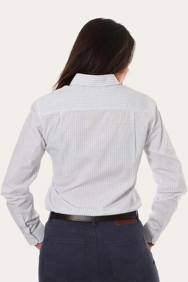 Territory Womens Business Check Dress Shirt - White Blue