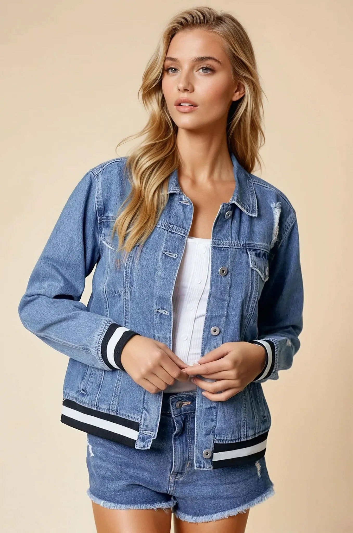 Viviana Denim Jacket With Contrast Band - Blue