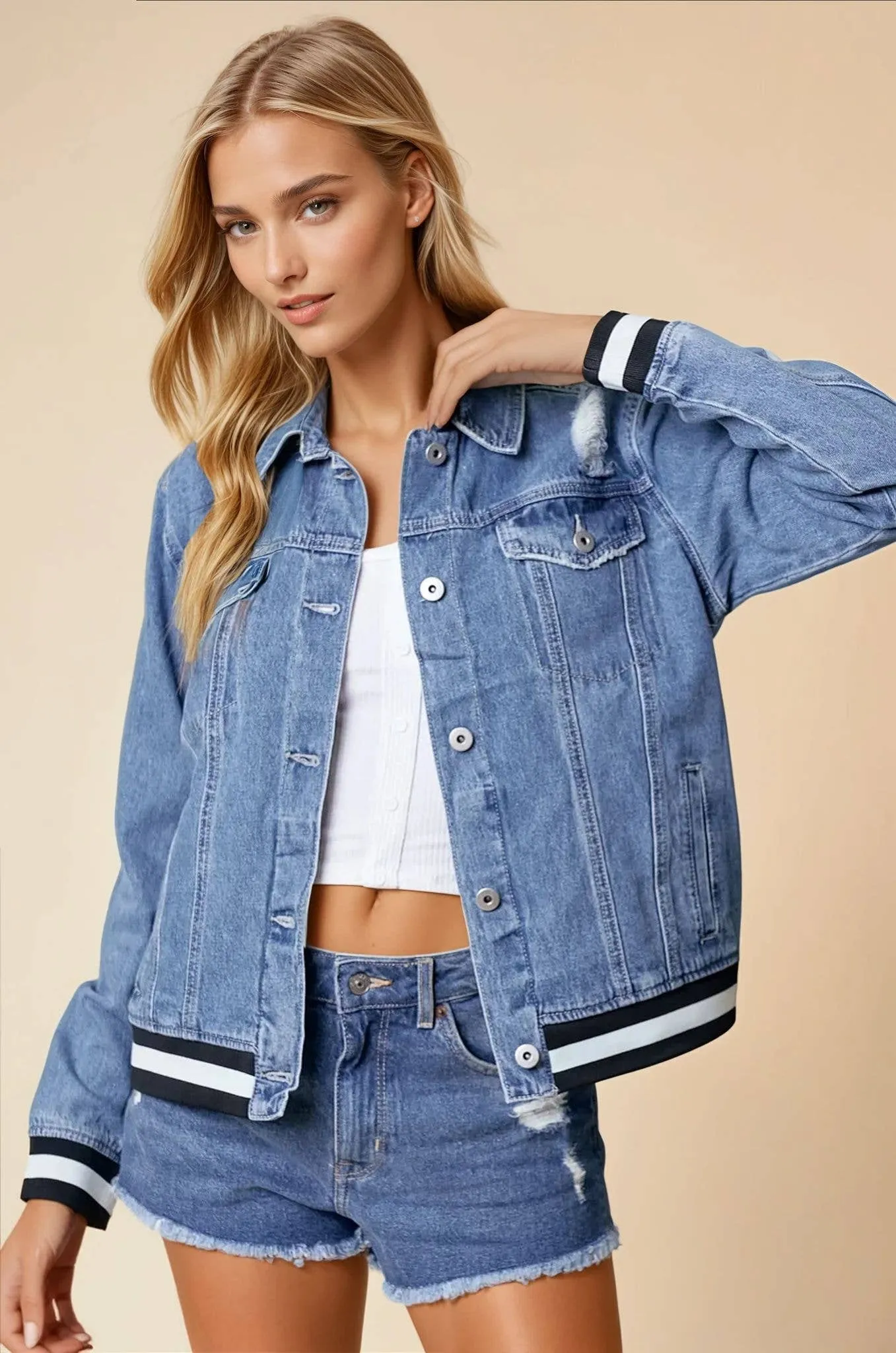 Viviana Denim Jacket With Contrast Band - Blue