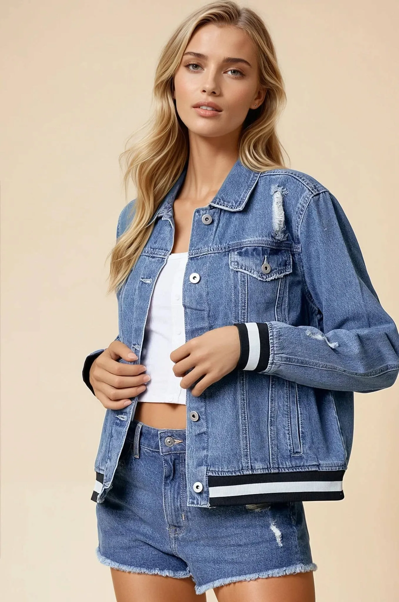 Viviana Denim Jacket With Contrast Band - Blue