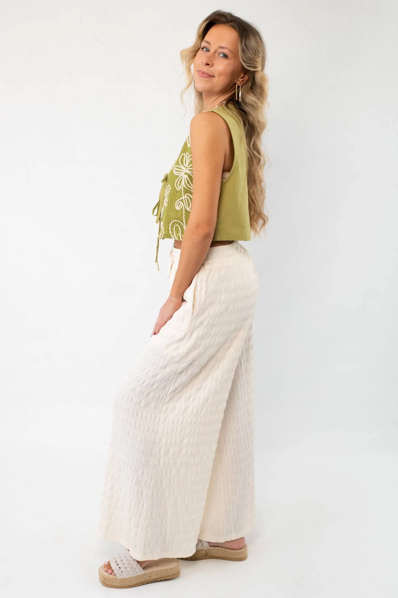 Wavy Textured Cream Wide Leg Knit Pants