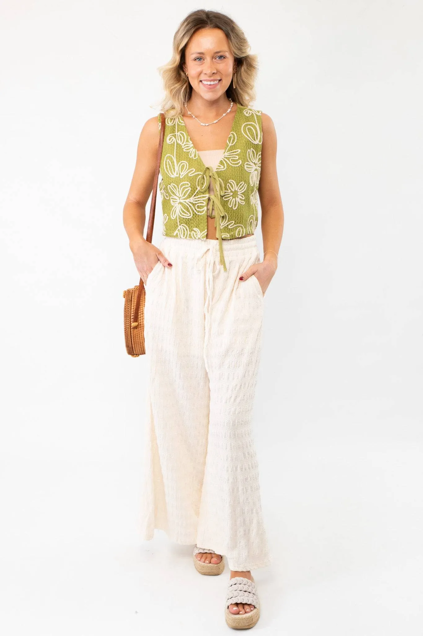Wavy Textured Cream Wide Leg Knit Pants