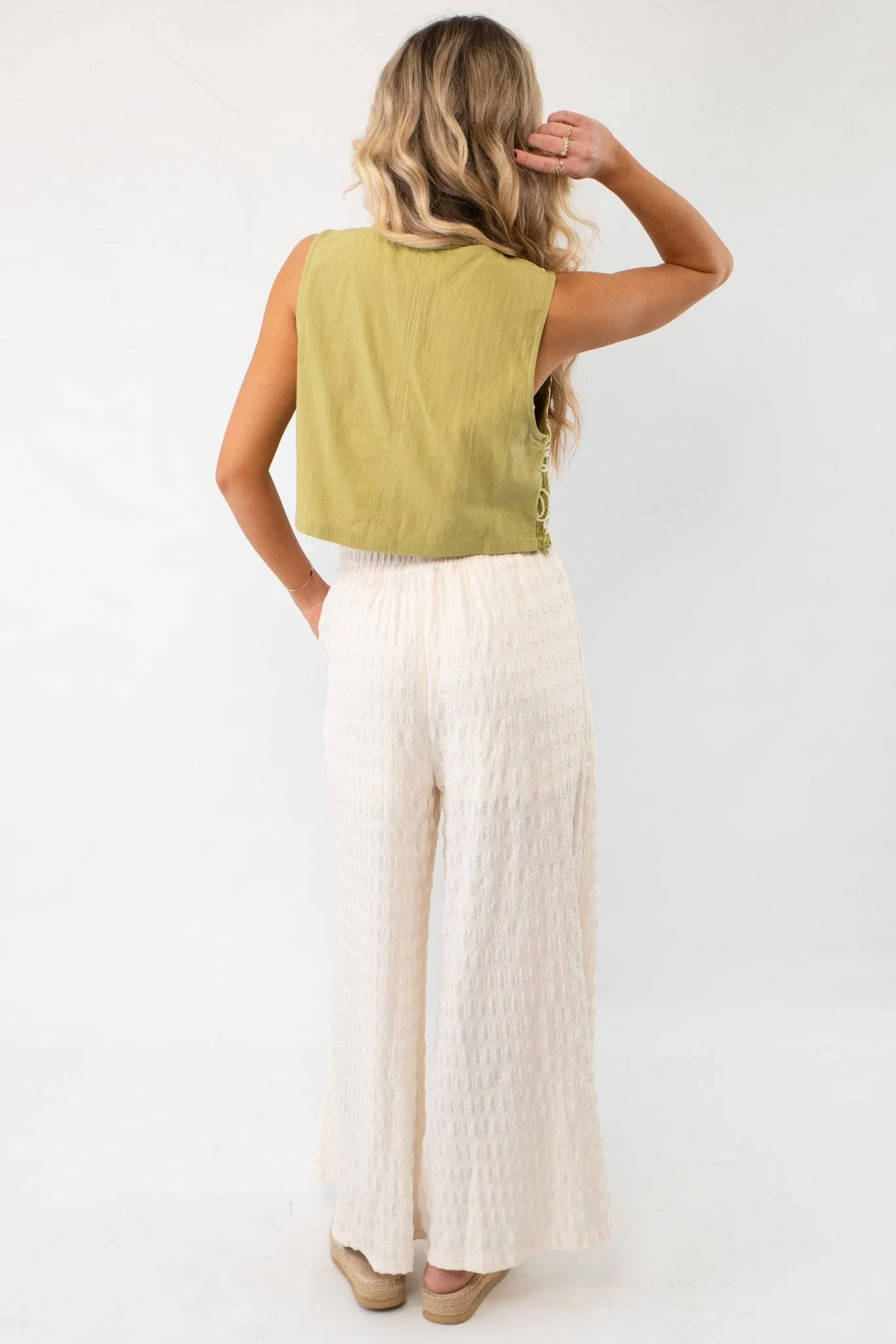 Wavy Textured Cream Wide Leg Knit Pants