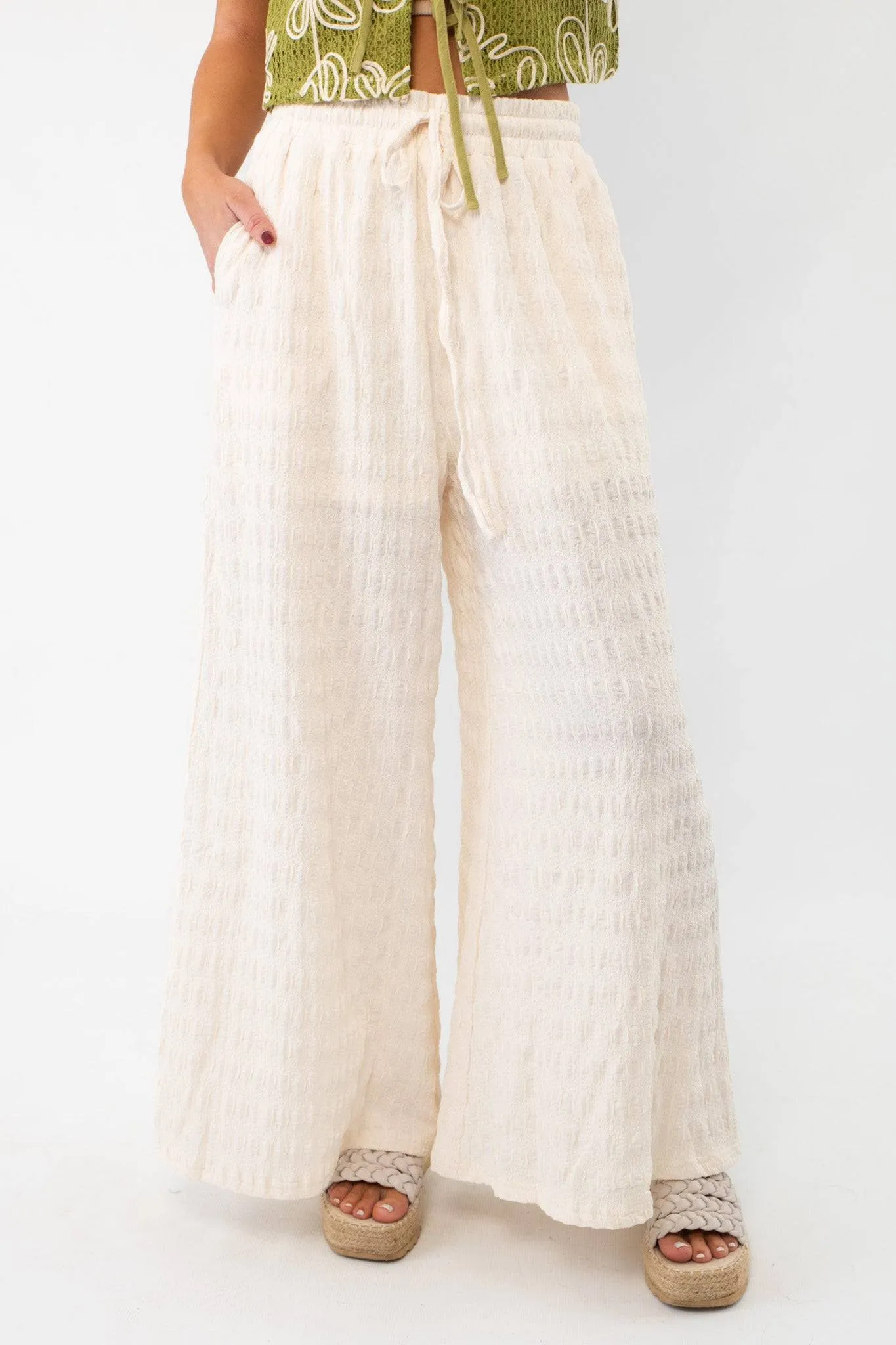 Wavy Textured Cream Wide Leg Knit Pants