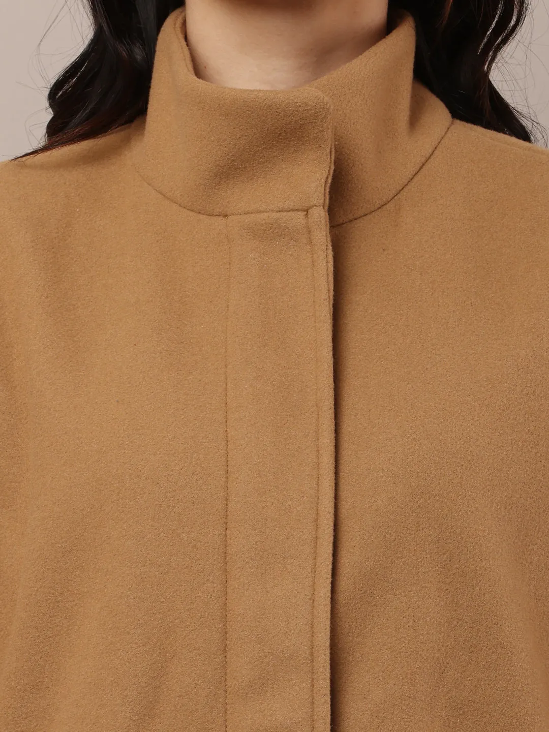 Women Brown Polyester High-Neck Stylish Trench Coat