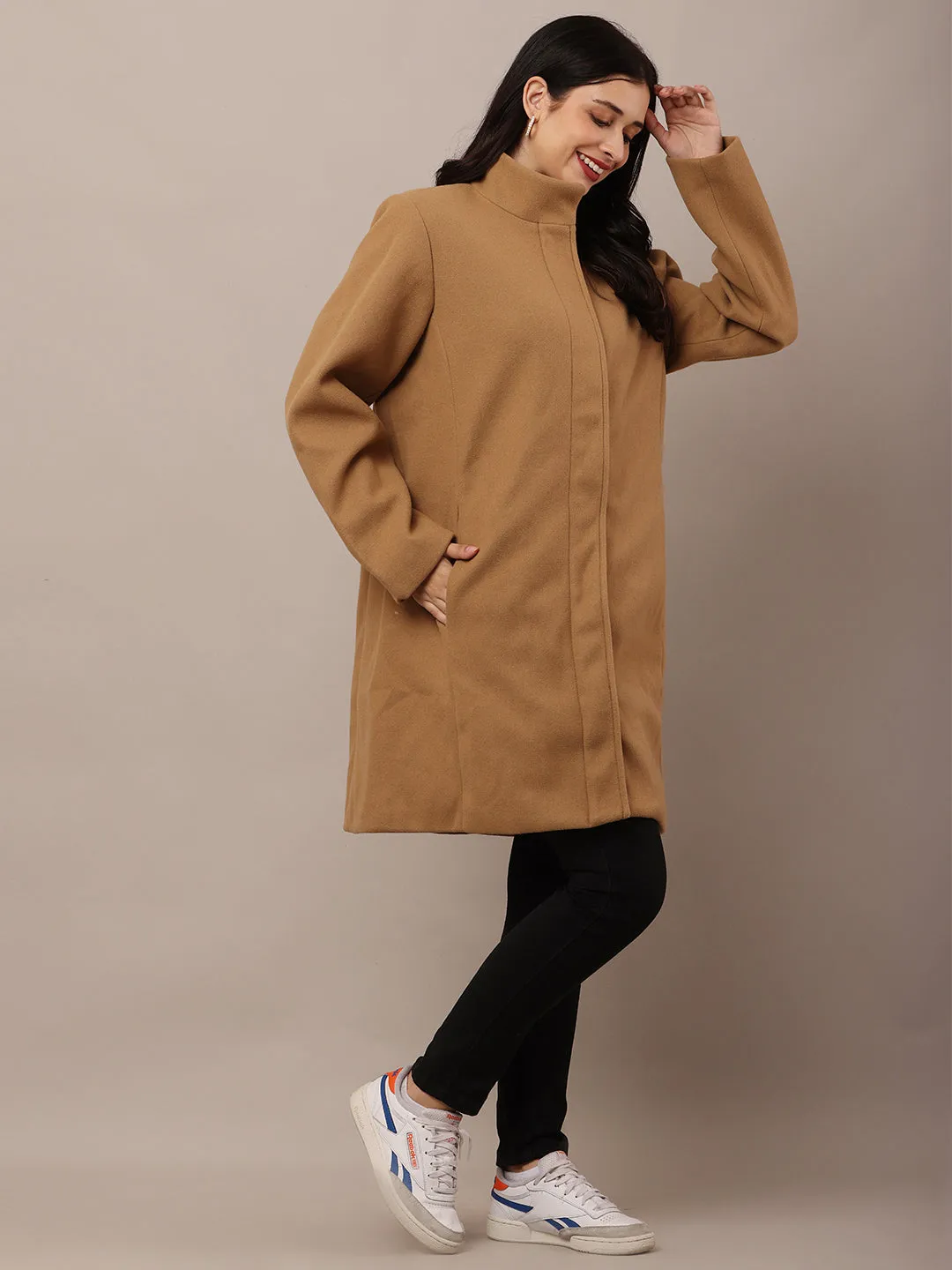 Women Brown Polyester High-Neck Stylish Trench Coat