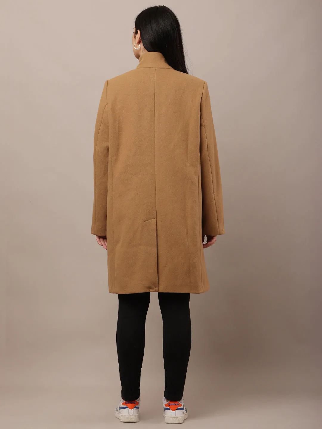 Women Brown Polyester High-Neck Stylish Trench Coat