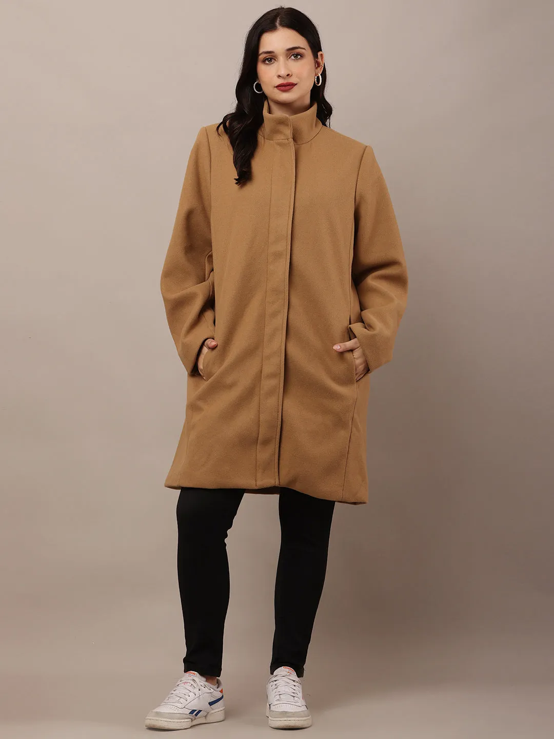 Women Brown Polyester High-Neck Stylish Trench Coat