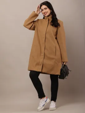 Women Brown Polyester High-Neck Stylish Trench Coat
