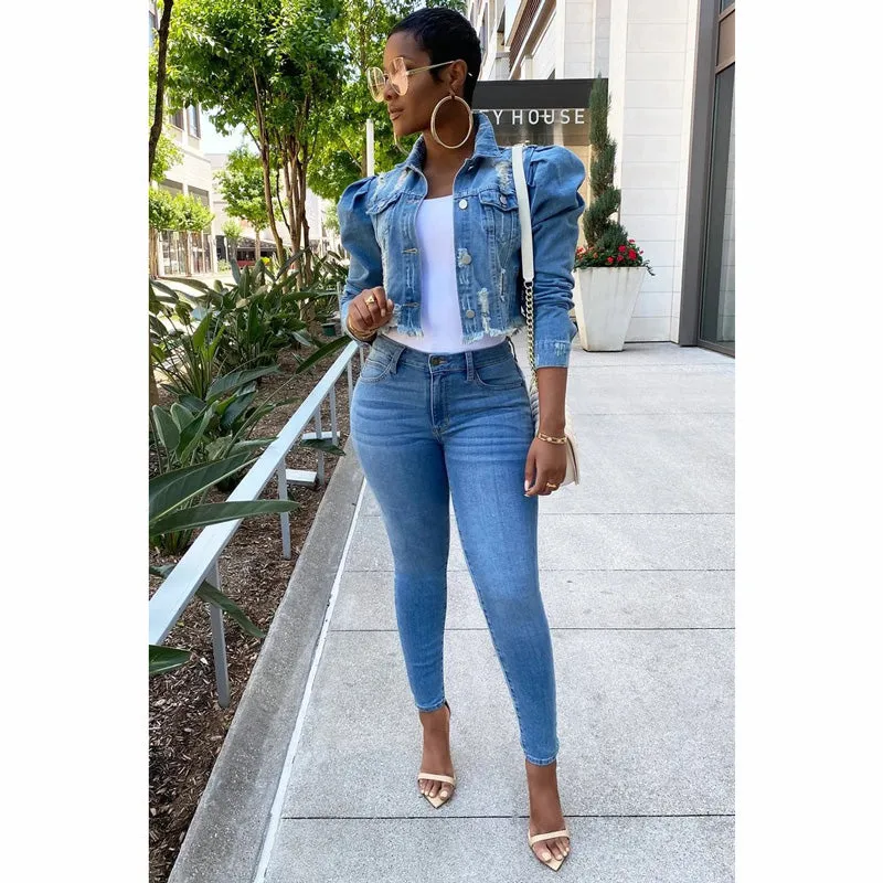 Women Denim Jackets Distressed Classic Jean Jacket
