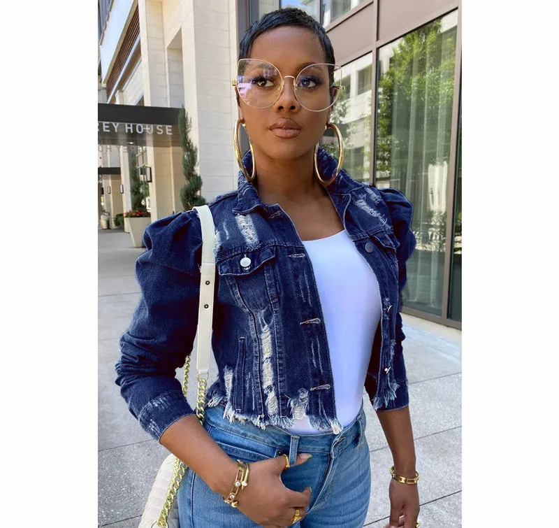 Women Denim Jackets Distressed Classic Jean Jacket