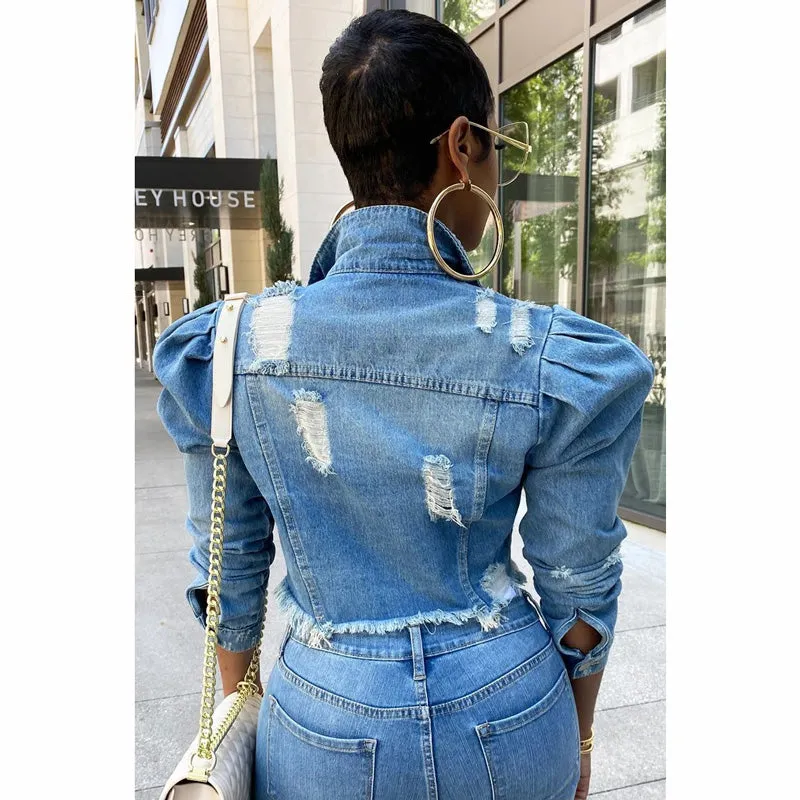 Women Denim Jackets Distressed Classic Jean Jacket