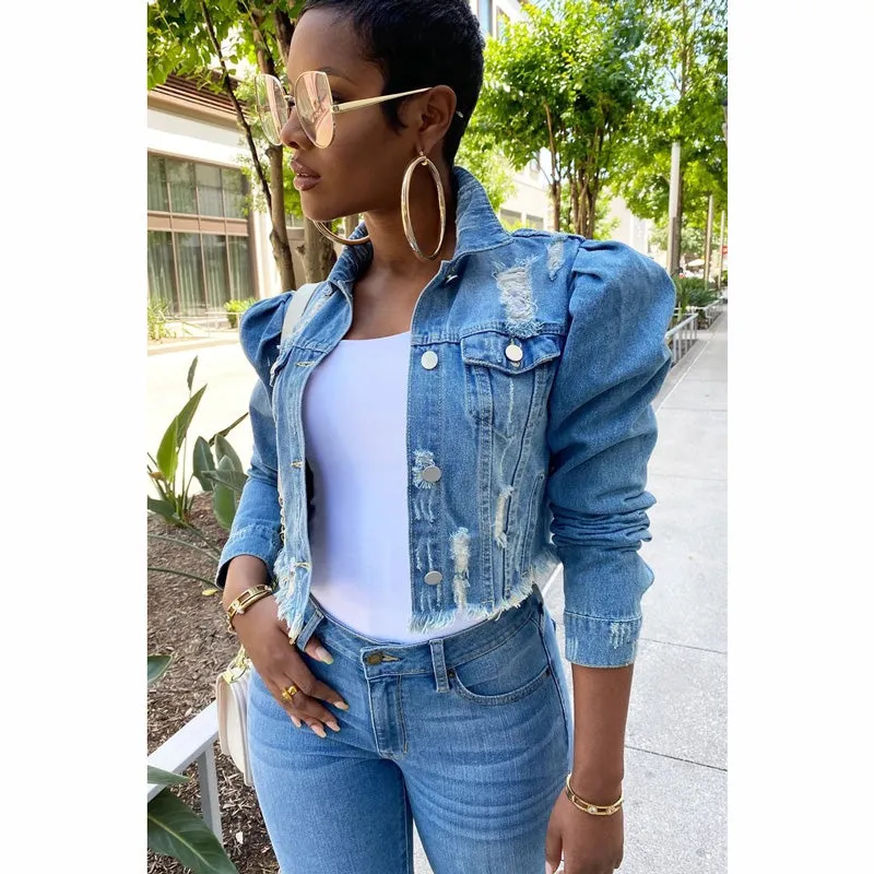 Women Denim Jackets Distressed Classic Jean Jacket