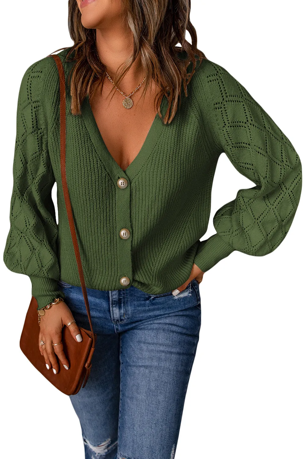 Women's Bishop Sleeve Button V Neck Sweater Cardigan